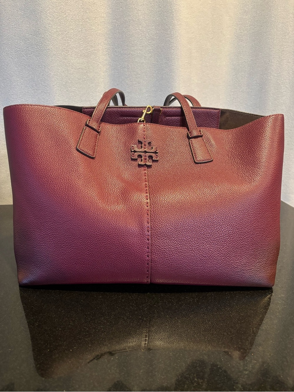 Authentic Tory Burch McGraw Leather Large Shopper Shoulder Tote Bag- burgundy